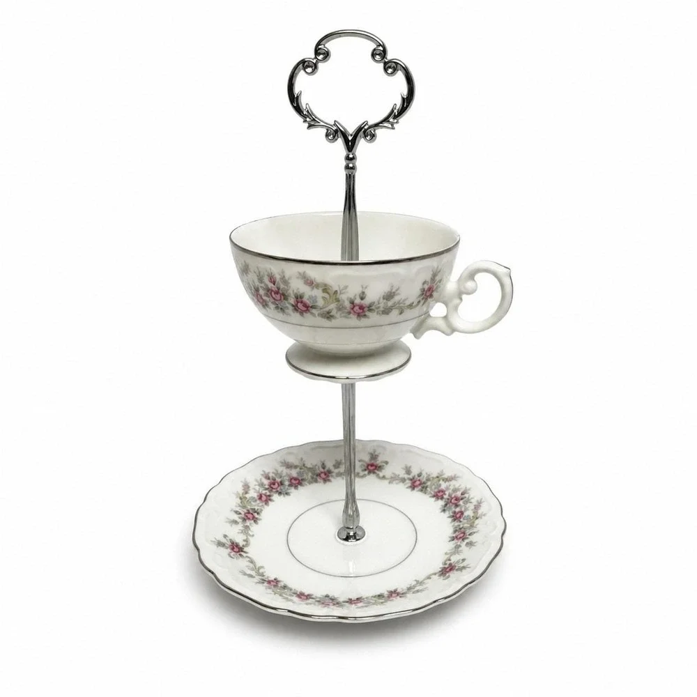Tiered Stand Unisex OS White Floral Silver Rim 2-Tier Teacup Saucer Upcycle‎